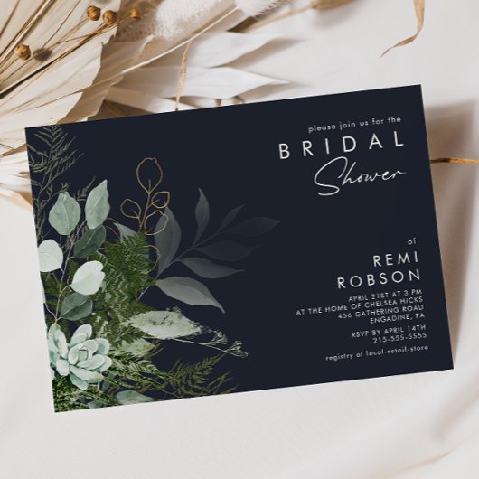Grünpflanzen und Goldleaf | Dunkles Navy-Brautpart Einladung