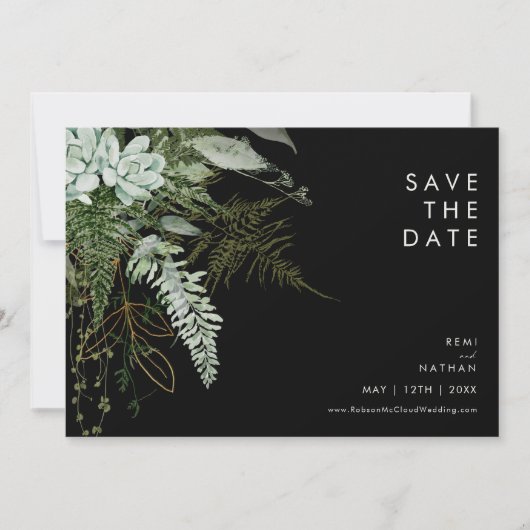 Grünpflanzen und Goldleaf | Horizontal schwarz Save The Date (Vorderseite)