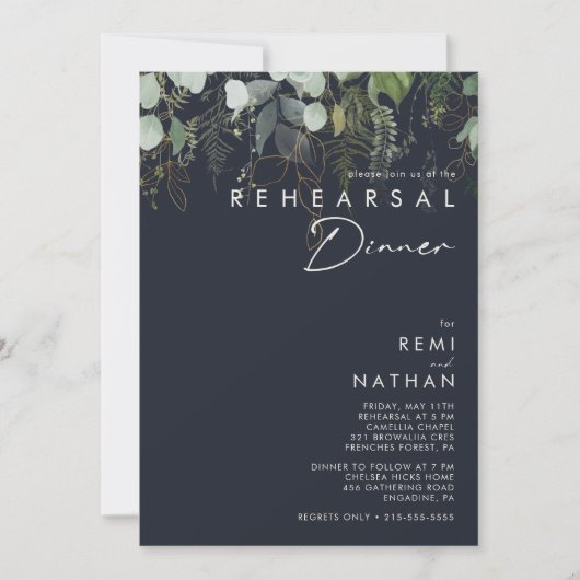 Grünpflanzen und Goldleaf | Navy Probe Dinner Einladung (Vorderseite)