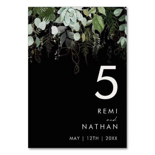 Grünpflanzen und Goldleaf | Schwarze Tischnummer (Vorderseite)