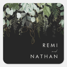 Grünpflanzen und Goldleaf | Schwarze Umschlag Aufk Quadratischer Aufkleber