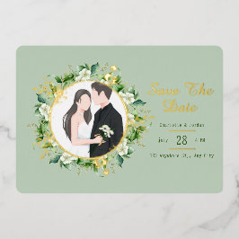 Grünpflanzen und Goldleder Save the Date Folieneinladung