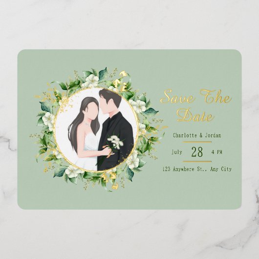 Grünpflanzen und Goldleder Save the Date Folieneinladung (Vorderseite)