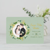 Grünpflanzen und Goldleder Save the Date Folieneinladung (Stehend vorne)