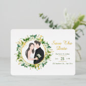 Grünpflanzen und Goldleder Save the Date Folieneinladung (Stehend vorne)