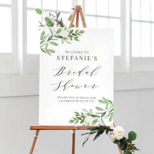 Grünpflanzen und weiße Blume Grau Brautparty Poster