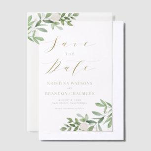 Grünpflanzen und weiße Blume Save the Date grau Pergament Einladungen