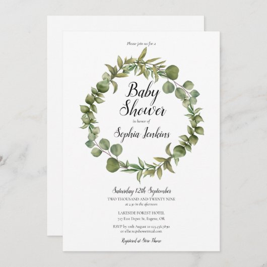 Grünpflanzen von Woodland Eucalyptus Script Baby S Einladung (Vorne/Hinten)