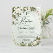 Grünpflanzen Weißrosen Olivengold Taufe Einladung (Stehend Vorderseite)