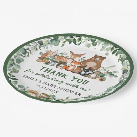 Grünpflanzen Woodland Animals Kinderdusche Geburts Pappteller (Schrägansicht)