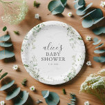 Grünpflanzliches Brautparty Pappteller<br><div class="desc">Stellen Sie Ihrer Babydusche eine Touch Eleganz mit unseren personalisierten Tellern vor. Umgeben von einem Kranz von Eukalyptus-Blätter in Aquarellen verkörpern sie den naturlich inspiriert Charme. Zentral platziert, glänzt der Name der Mutter-zu-sein in modernem Drehbuch, ergänzt durch "Baby Shower" in einer ausgezeichneten Serif unten. Diese Teller sind nicht nur zum...</div>