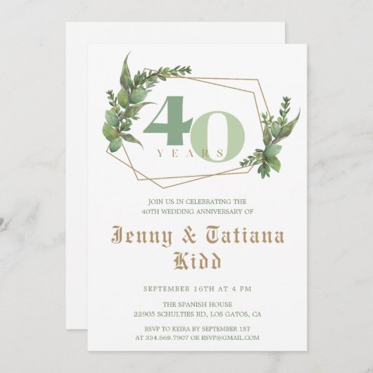 Grünrahmen 40. Hochzeitstag Einladung (Vorne/Hinten)