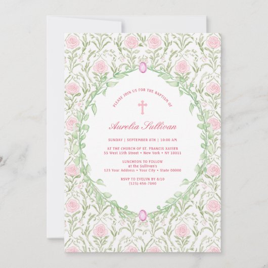 Grünrahmen Rosa Rosen Taufe Einladung (Vorderseite)