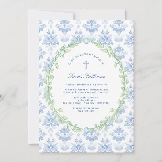 Grünrahmen Weiß Blaue Taufe Einladung (Vorderseite)