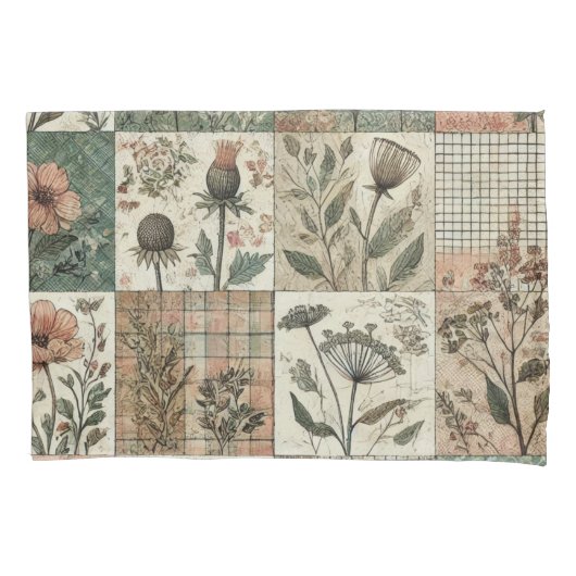 Grünrosa Patchwork Quilt Rustikale Vintage Blüte Kissenbezug (Vorderseite)