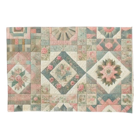 Grünrosa Patchwork Quilt Rustikale Vintage Blüte Kissenbezug (Vorderseite)