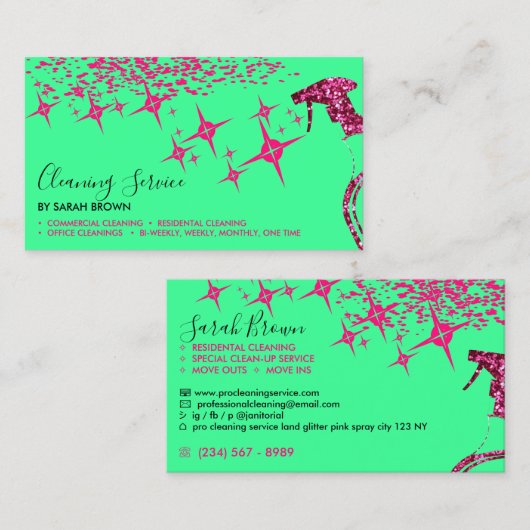 Grünrosa Spray Maid Reinigungshaus funkeln Visitenkarte (Vorne/Hinten)