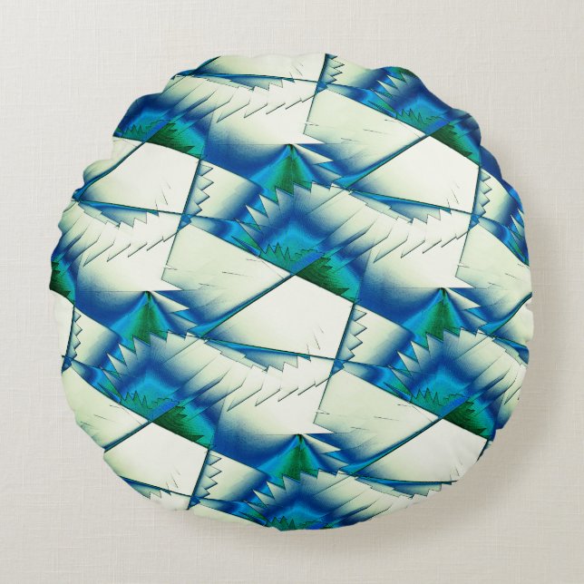 Grünsägen oder Zickzack auf intensiven Zyan bis kö Rundes Kissen (Vorderseite)
