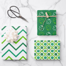 GRÜNSCHATTIERUNGEN MIT WEISSEN IRISCHEN KLEEBLÄTTE GESCHENKPAPIER SET
