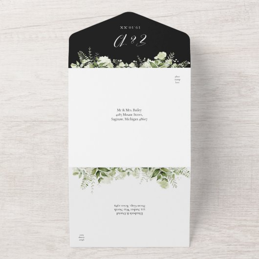 Grünschrift Herz Schwarz und Weiß Hochzeit All In One Einladung (Außenbereich)