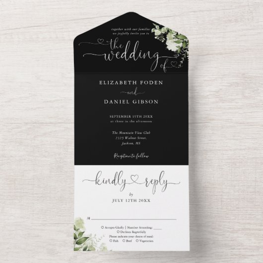 Grünschrift Herz Schwarz und Weiß Hochzeit All In One Einladung (Innen Boden)