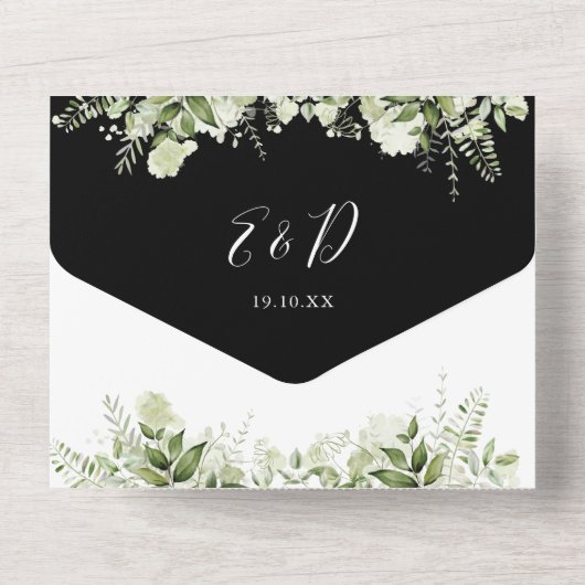 Grünschrift Herz Schwarz und Weiß Hochzeit All In One Einladung (Rückseite)