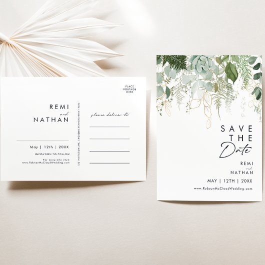 Grünschrift und Blattschrift Save the Date Einladungspostkarte
