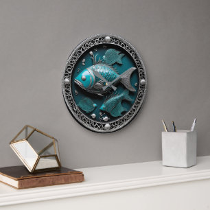 Grünspan Fische skulpturierte Kunst Große Wanduhr