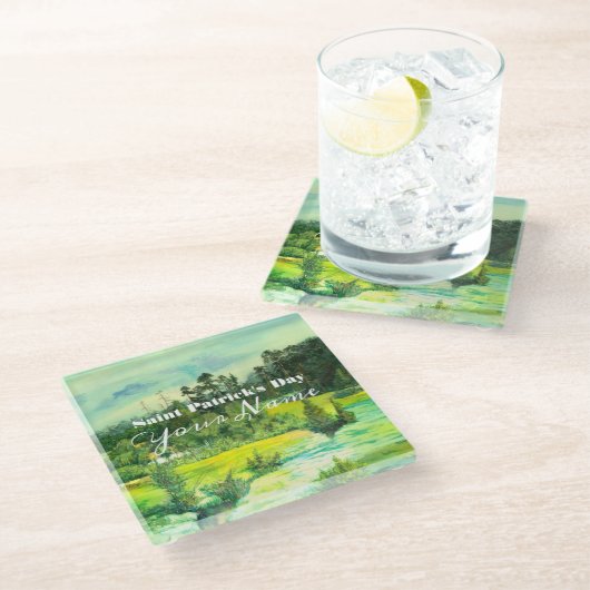 Grüntal-Malerei Wasserfarbe Glasuntersetzer (Schrägansicht)