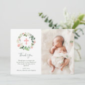 Grünund Rosablumenwatercolor-Taufe-Foto Dankeskarte (Stehend Vorderseite)