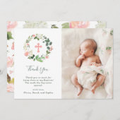 Grünund Rosablumenwatercolor-Taufe-Foto Dankeskarte (Vorne/Hinten)