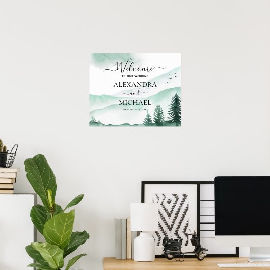 Grünwald Berg Rustikale Wasserfarbenhochzeit Poster (Heimbüro)