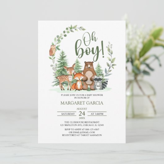 Grünwald Oh Boy Woodland Animals Kinderdusche Einladung (Stehend Vorderseite)