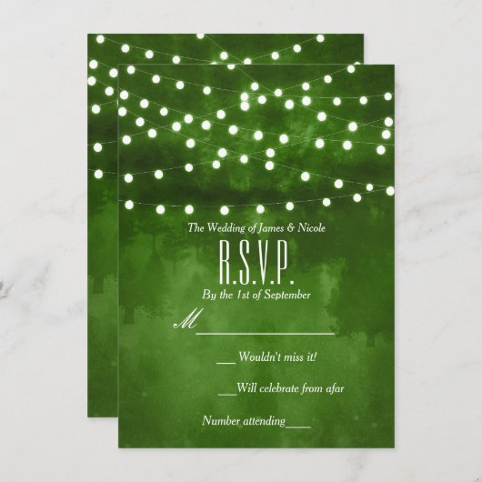 Grünwald Rustic String Lights Wedding RSVP Einladung (Vorne/Hinten)