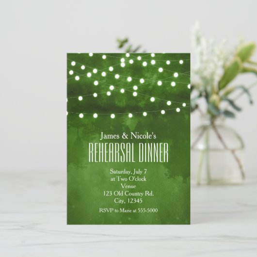 Grünwald Rustikale Saitenlichter Probe Abendessen Einladung (Stehend Vorderseite)