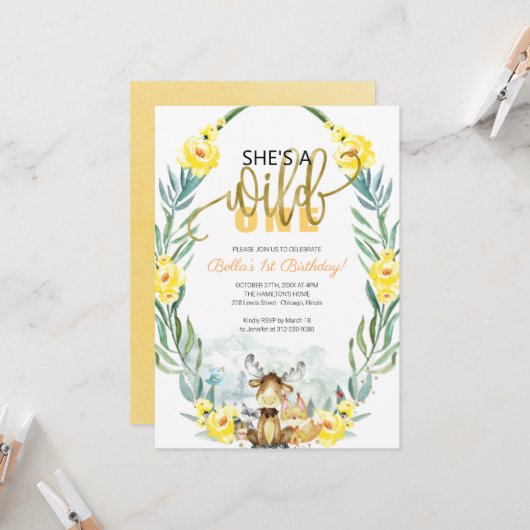 Grünwald Sie ist ein wilder erster Geburtstag Einladung (Vorderseite/Rückseite Beispiel)