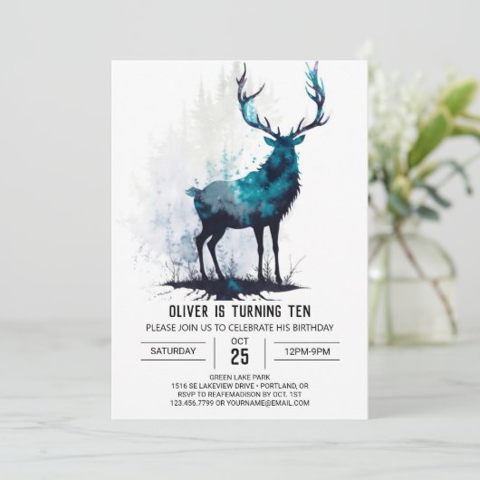 Grünwald Stag Custom Geburtstag Einladung (Stehend Vorderseite)