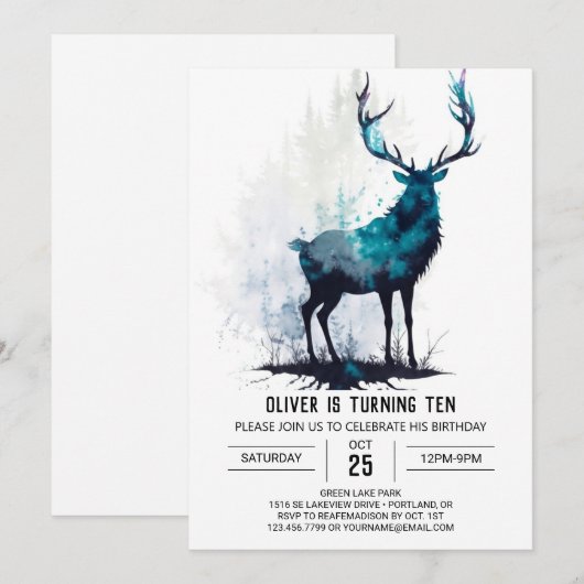 Grünwald Stag Custom Geburtstag Einladung (Vorne/Hinten)