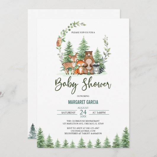 Grünwald Waldtiere Kinderdusche Einladung (Vorne/Hinten)