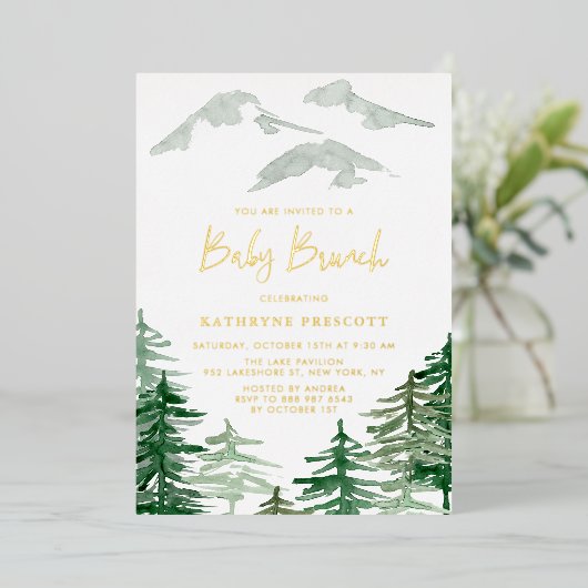 Grünwald Wasserfarbe Woodland Baby Brunch Folieneinladung (Stehend vorne)