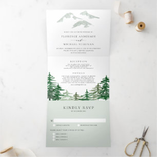 Grünwald Wasserfarben Frühjahrswoodland Hochzeit Dreifach Gefaltete Einladung