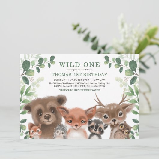 Grünwaldtiere Wild One Birthday Einladung (Stehend Vorderseite)