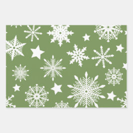 GRÜNWEISSE FERIENWOHNUNGEN SNOWFLAKES STARS STREIF GESCHENKPAPIER SET