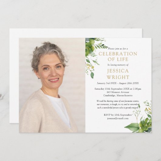 Grünzelebrierung des Fotos Lebensbeerdigung Einladung (Vorne/Hinten)