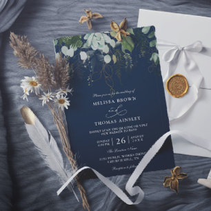 Grünzeug Navy Goldblatt Budget QR-Code Hochzeit Einladung