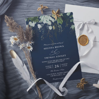 Grünzeug Navy Goldblatt Budget QR-Code Hochzeit Einladung