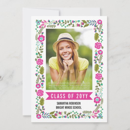 Gruppe 2025 Abschluss, rosa BlumengrenzenFoto Einladung (Vorderseite)
