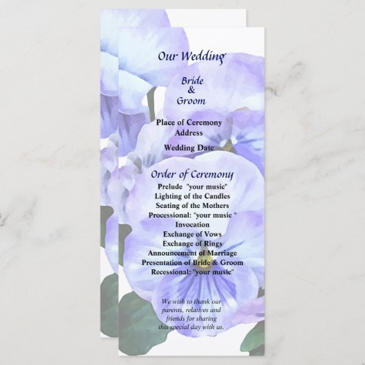 Gruppe Lila Stiefmütterchen und Blätter Hochzeitsp Programm (Vorne/Hinten)