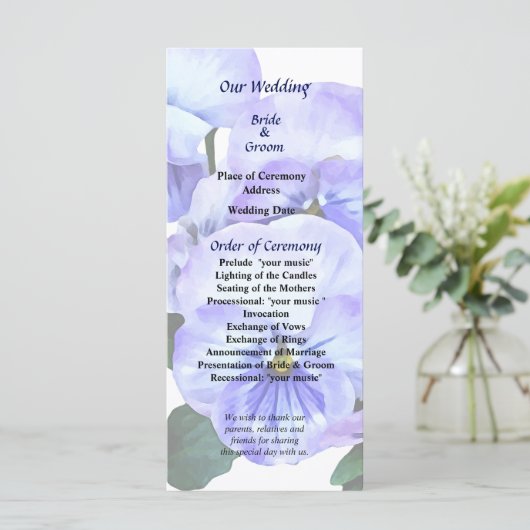 Gruppe Lila Stiefmütterchen und Blätter Hochzeitsp Programm (Stehend Vorderseite)