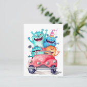 Gruppe lustiger Monster fährt mit dem Auto. Urlaub Postkarte (Stehend Vorderseite)